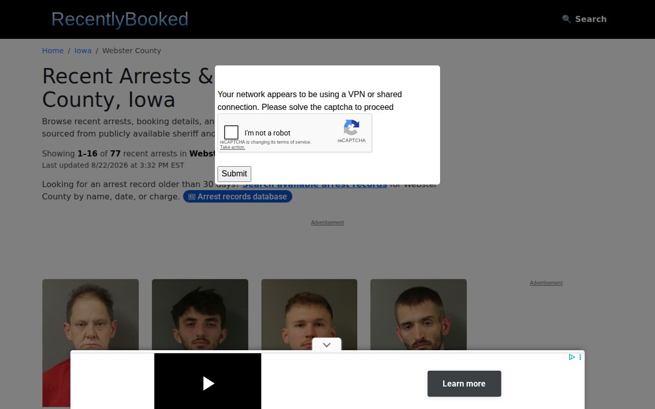 Unofficial Webster County booking record publisher page